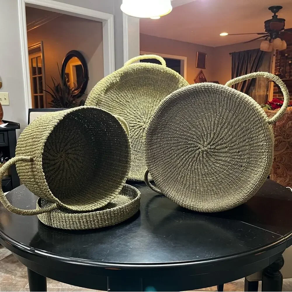 NEW Pottery Barn Round Woven Floor Nesting Storage Baskets Raffia Wicker LG Set